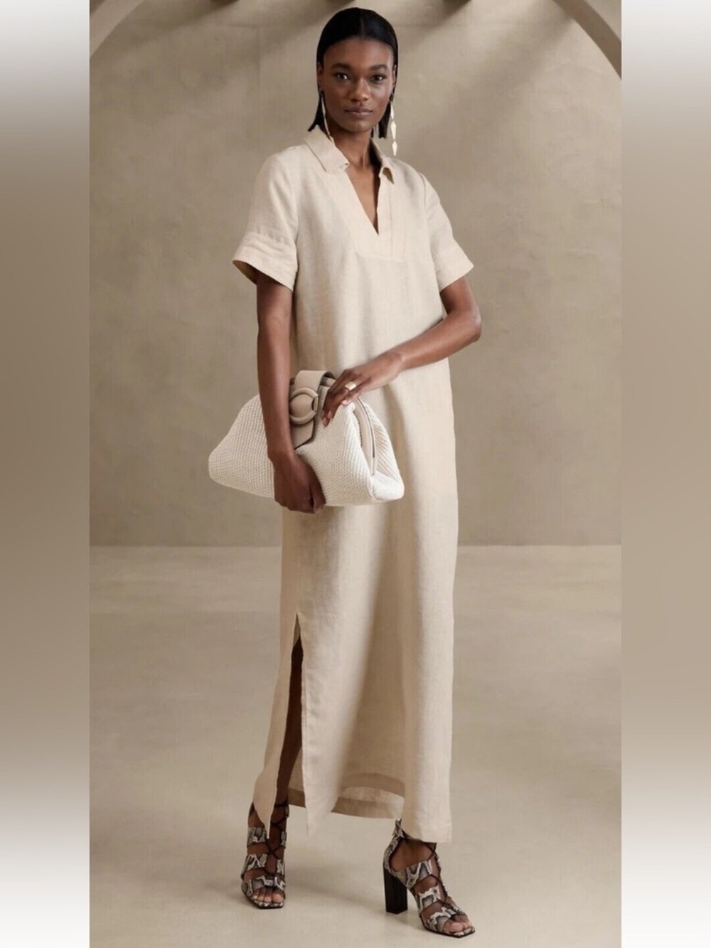 Banana Republic Beige Linen Split-Side Maxi Dress